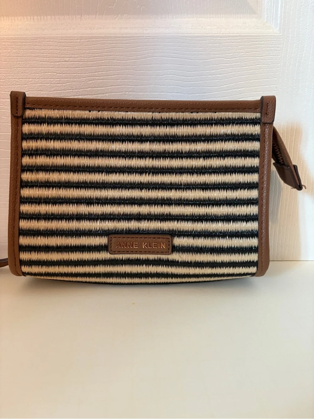 NWOT Anne Klein Black and Cream Striped Straw Clutch with Brown Trim